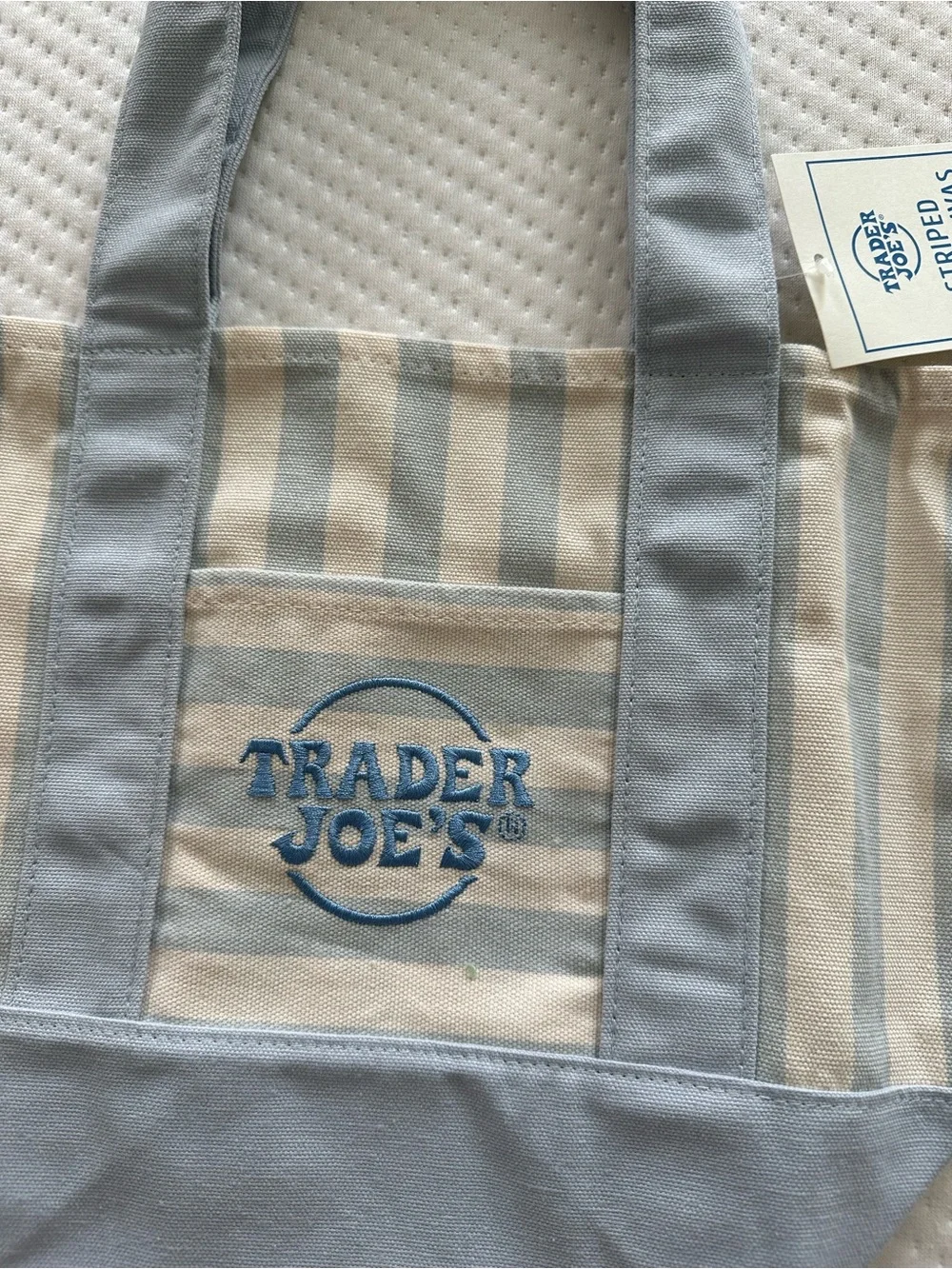 Trader Joe's Blue & Cream Striped Canvas Tote Bag